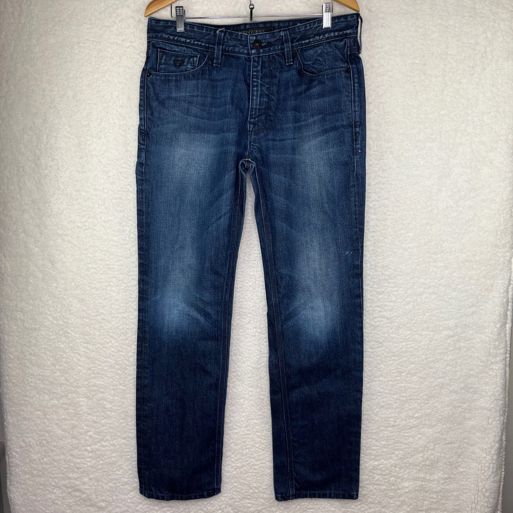 Guess Mens Lincoln Slim Straight Leg Dark Wash Denim Jeans Blue 34x32